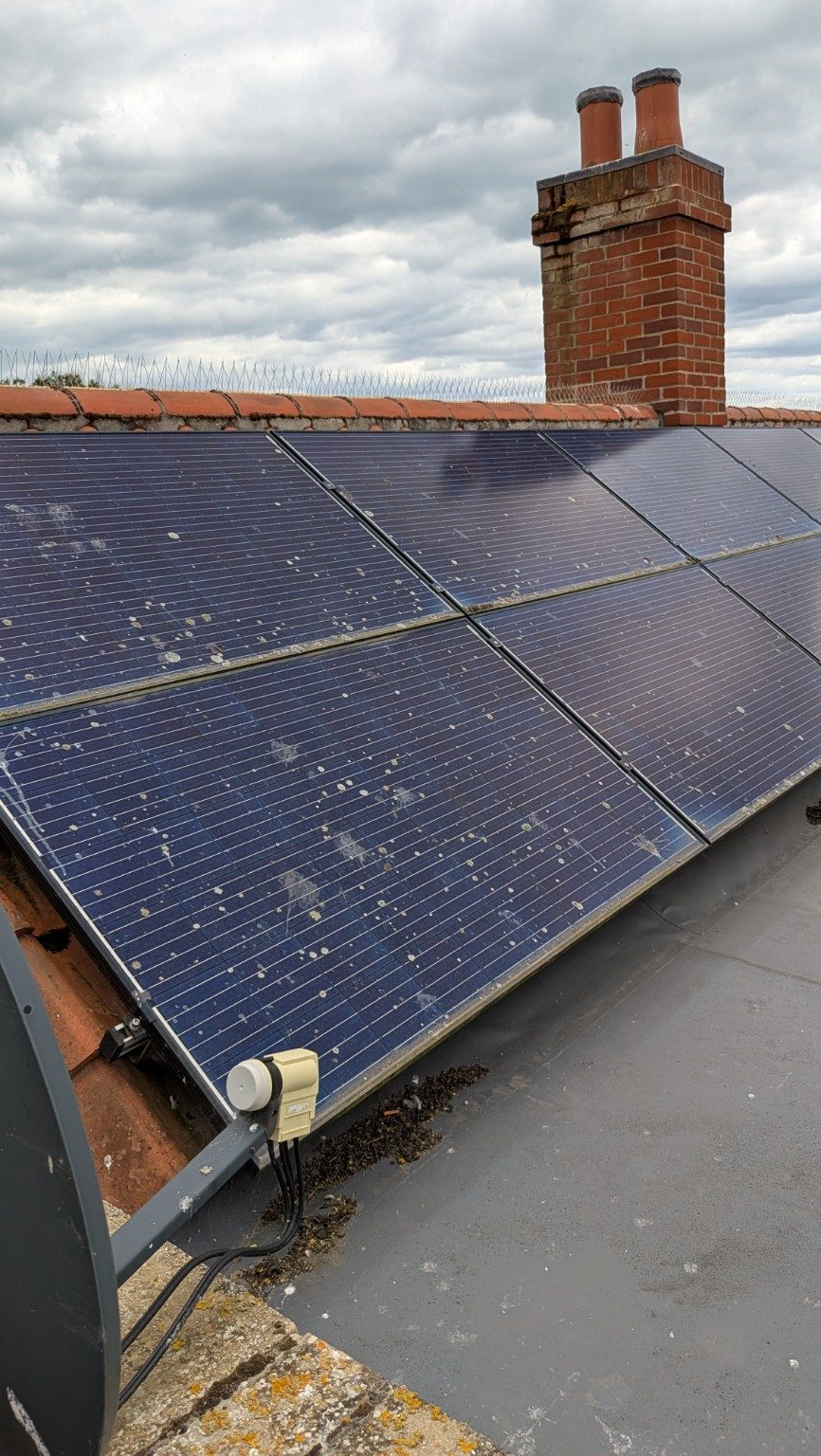 Dirty solar panels before cleaning in Southwold Suffolk